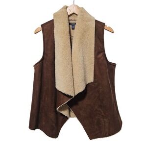 CHAPS L Faux Suede Sherpa Lined Vest Brown Open Front Drape Collar Western Retro